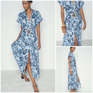 ZARA ~ Printed Short Sleeves Belted Midi Shirt Dress